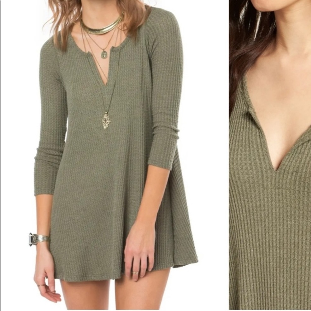 O'Neill Waffle Knit dress bohemian Green Trapeze V Neck festival boho Medium